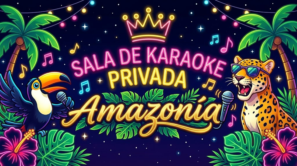 Ilustración de Amazonía Sala de Karaoke Privada con un tucán y un jaguar cantando bajo una corona de neón
