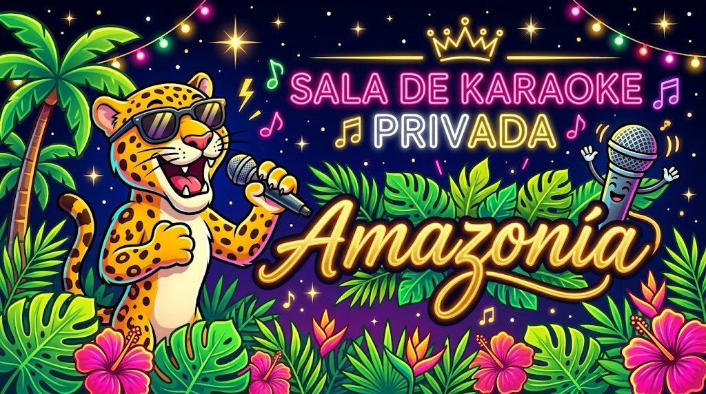 Ilustración de Amazonía Sala de Karaoke Privada con un jaguar con gafas cantando entre guirnaldas de luces e hibiscos