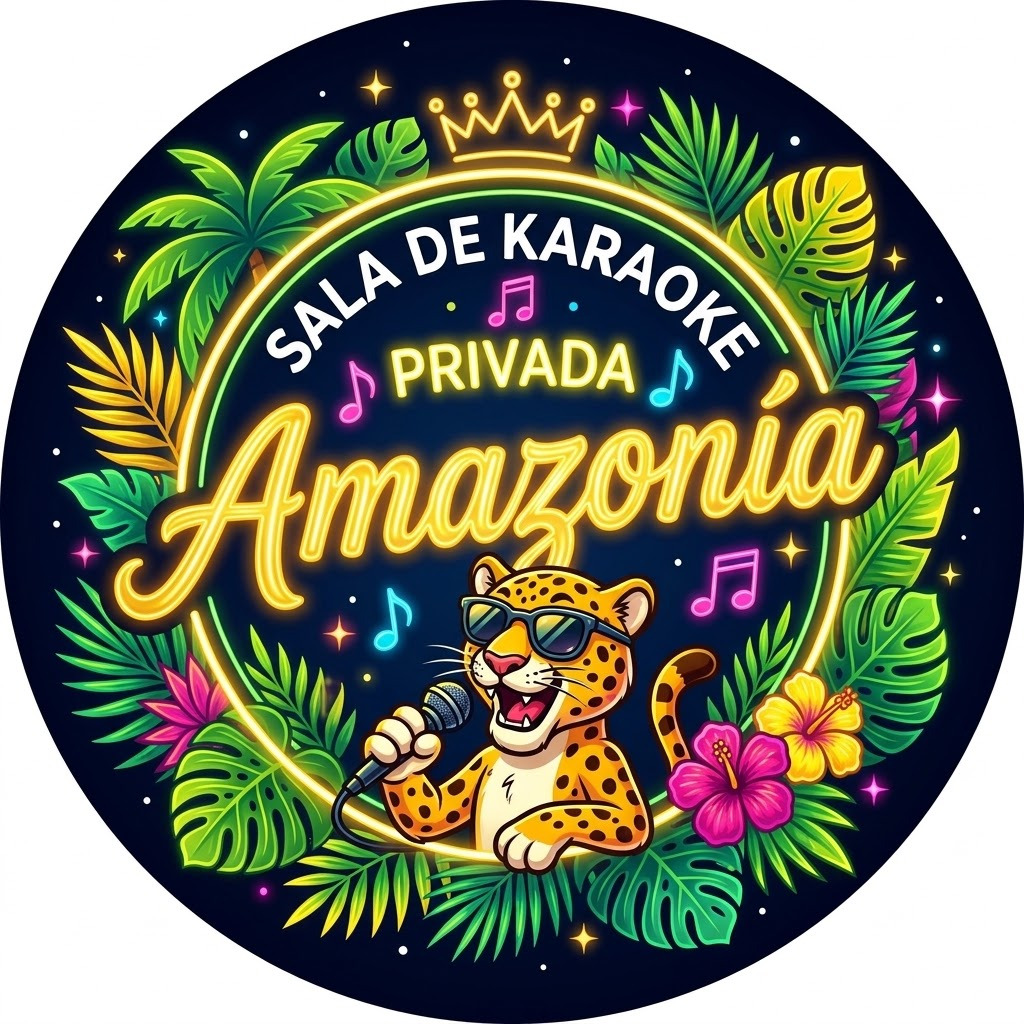 Logotipo redondo de Amazonía con un jaguar con gafas cantando, corona dorada y hojas tropicales