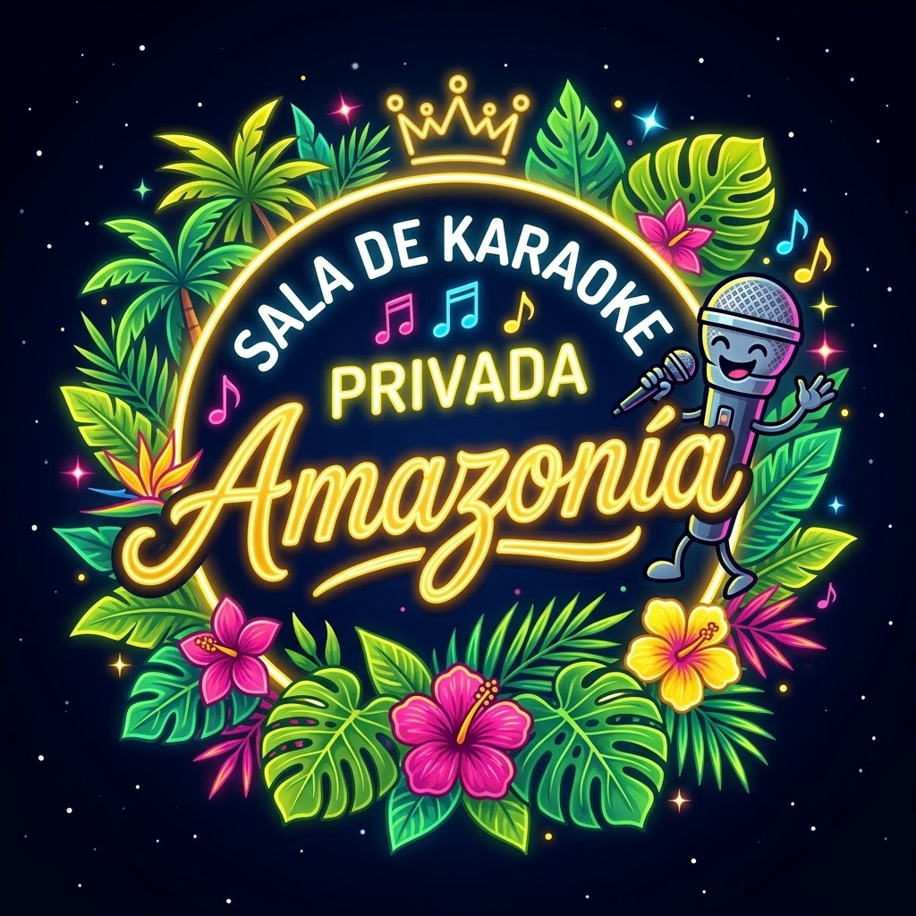 Logotipo redondo de Amazonía con un micrófono sonriente, corona dorada y flores tropicales
