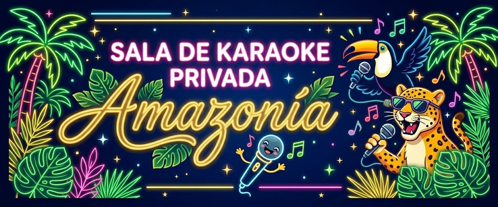 Cartel neón de Sala de Karaoke Privada Amazonía con palmeras, tucán y jaguar cantando