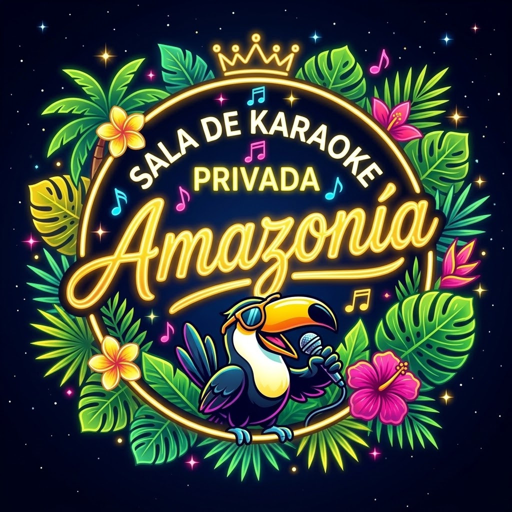 Logotipo redondo de Amazonía con corona dorada y tucán con gafas cantando